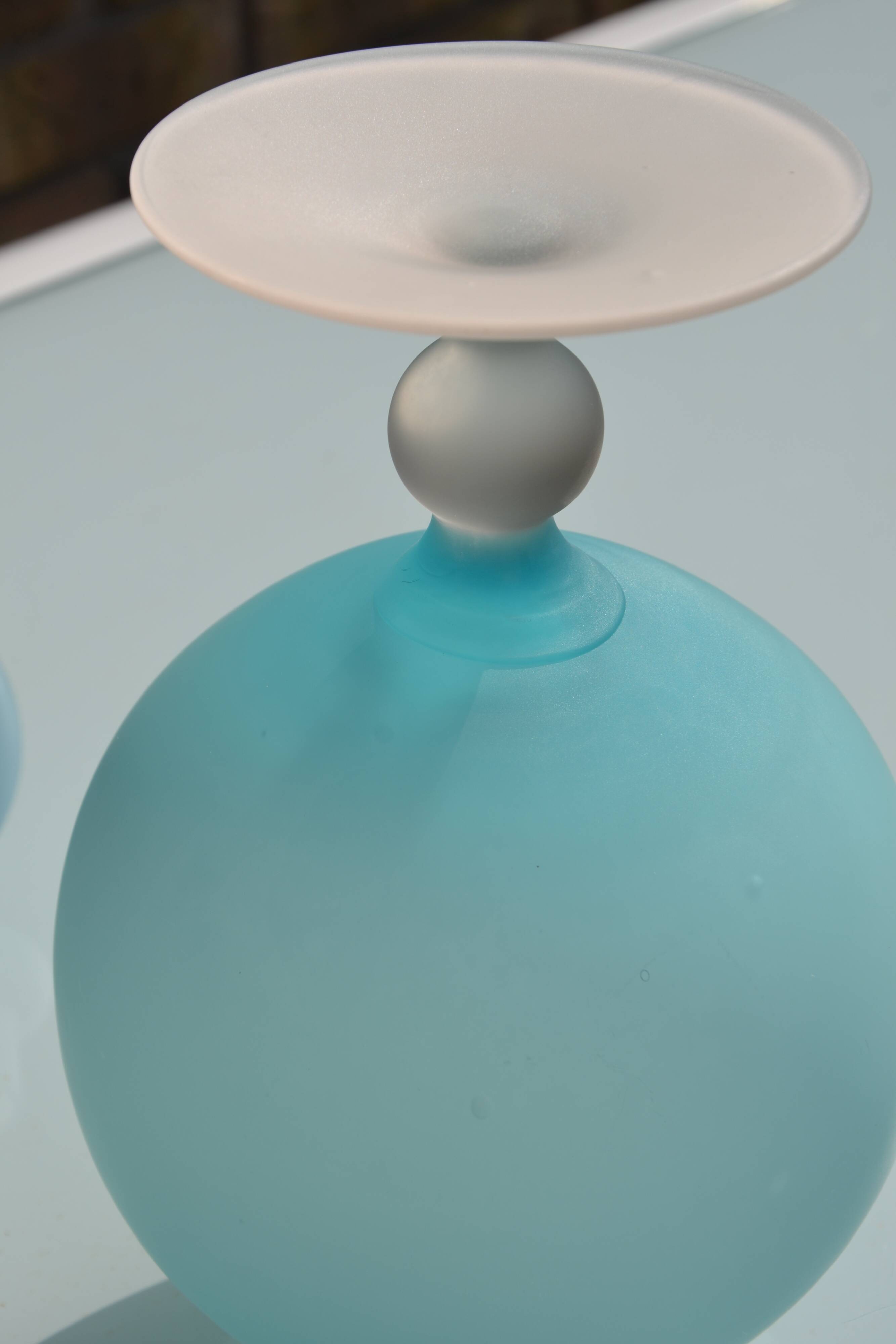 Blue frosted glass bottle/vase on foot