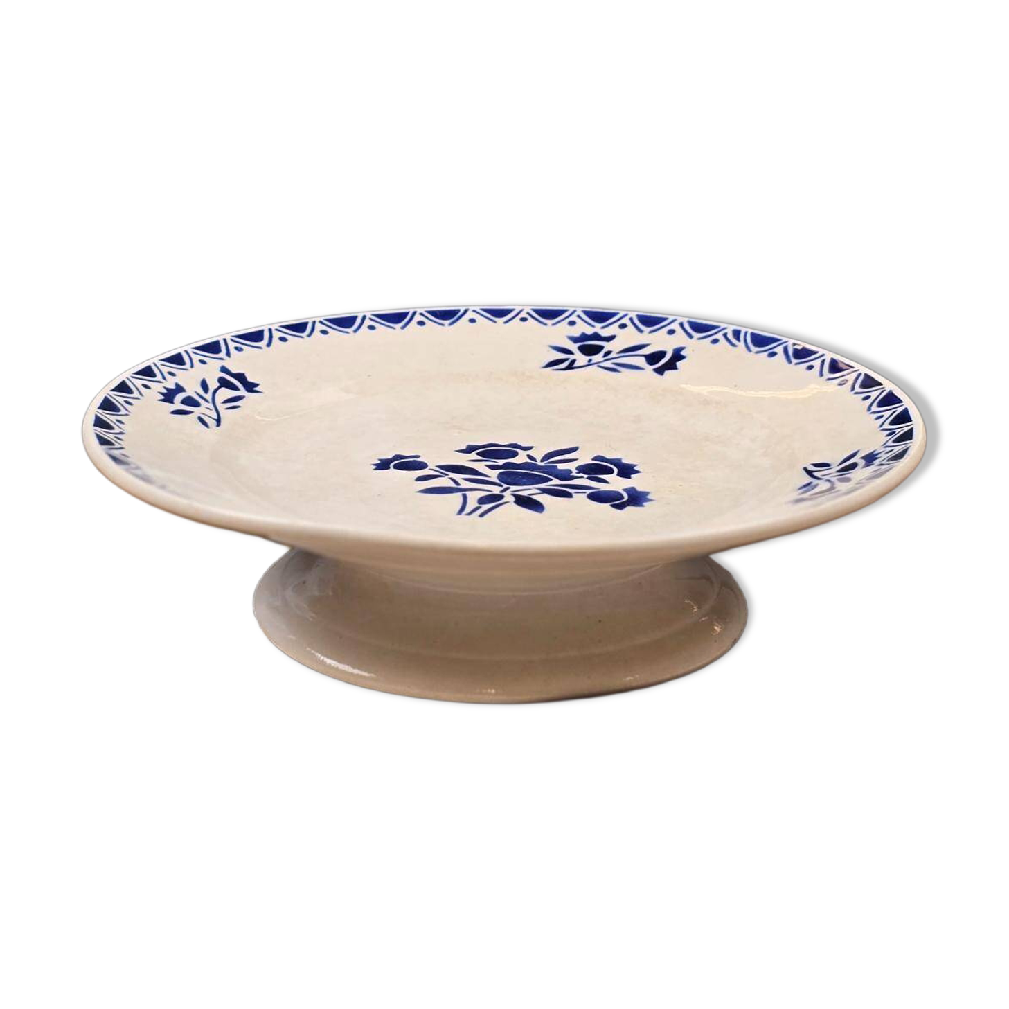 Antique footed dish – blue floral decoration – St Amandinoise
