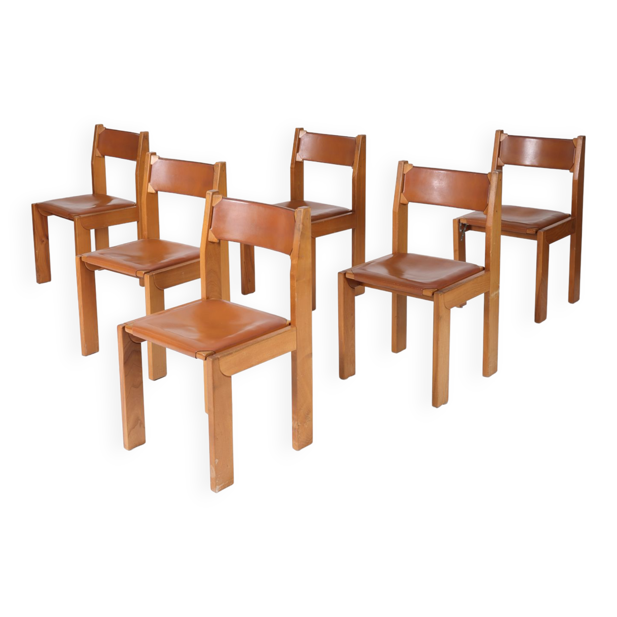 Chaises marron en cuir et bois, 1970s