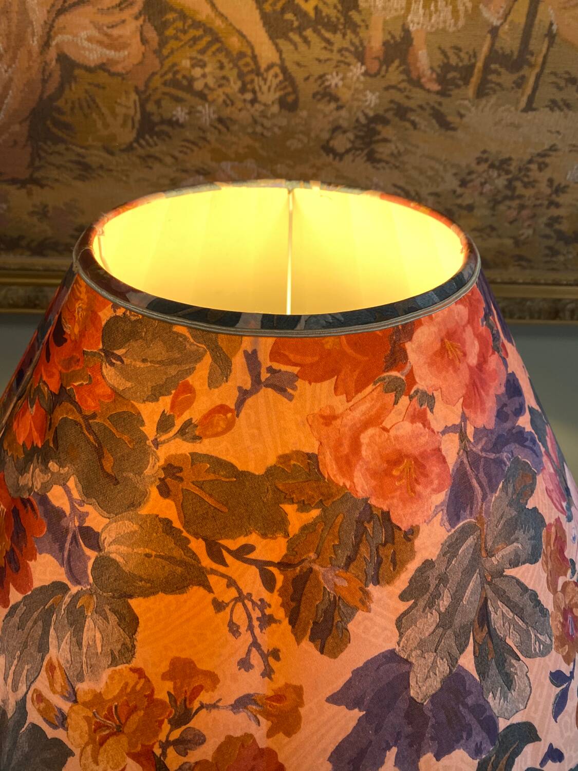 Large blue ceramic lamp with floral shade