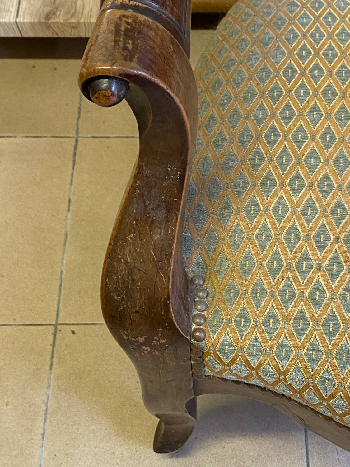 Two Louis XV style wooden and fabric armchairs