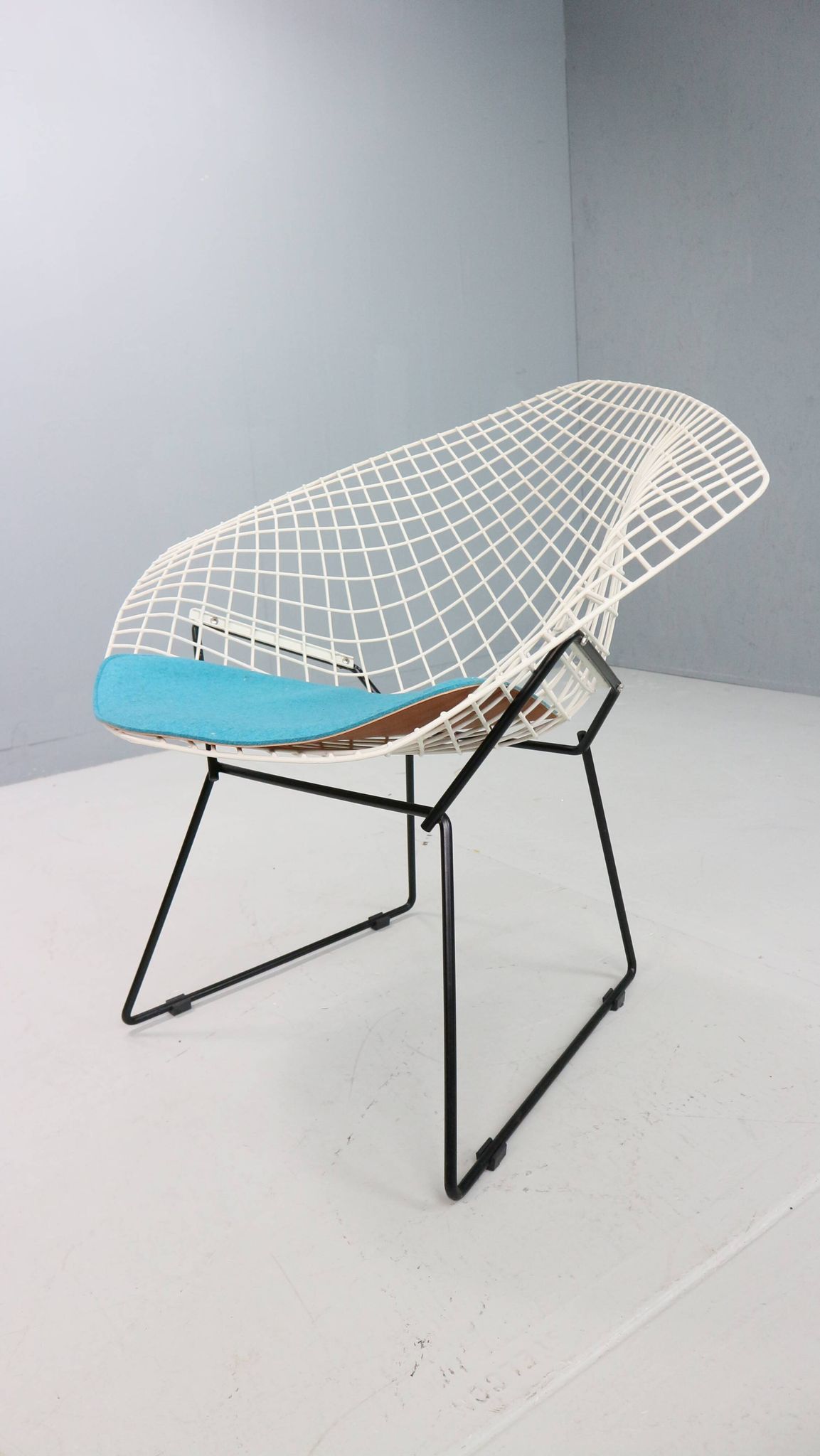 Diamond chair by Harry Bertoia in white & black metal and new blue seating