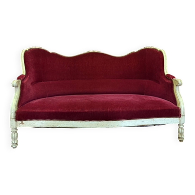 Canapé en velours rouge style Louis XV vintage avec cadre patiné 674-1
