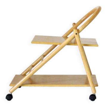 Chariot de bar vintage avec structure en bois massif et roues, Italie années 1980.