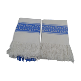 Lot of 2 old and cotton tea towels - Pretty blue friezes - Franges - Circa 1920-1930