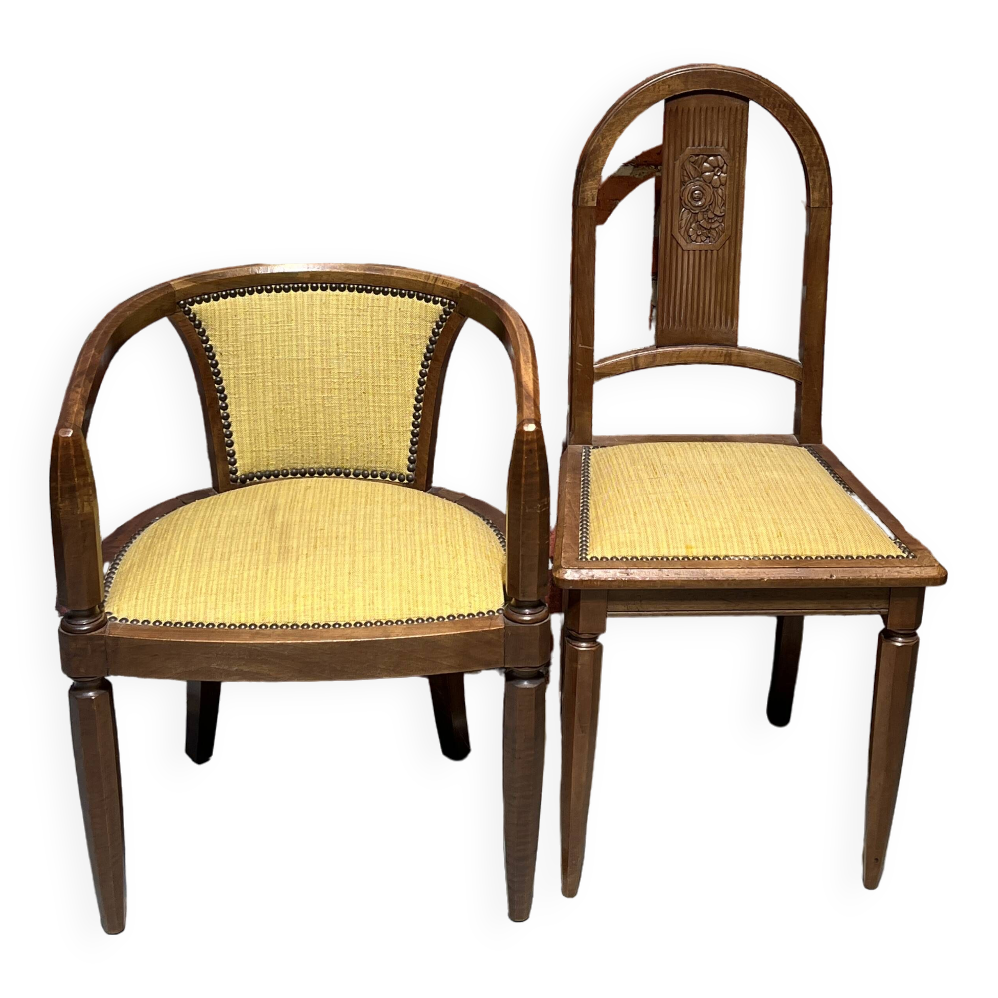 Set of a chair and an armchair in wood and yellow fabric