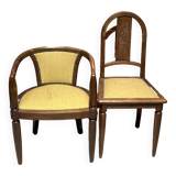 Set of a chair and an armchair in wood and yellow fabric