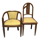 Set of a chair and an armchair in wood and yellow fabric