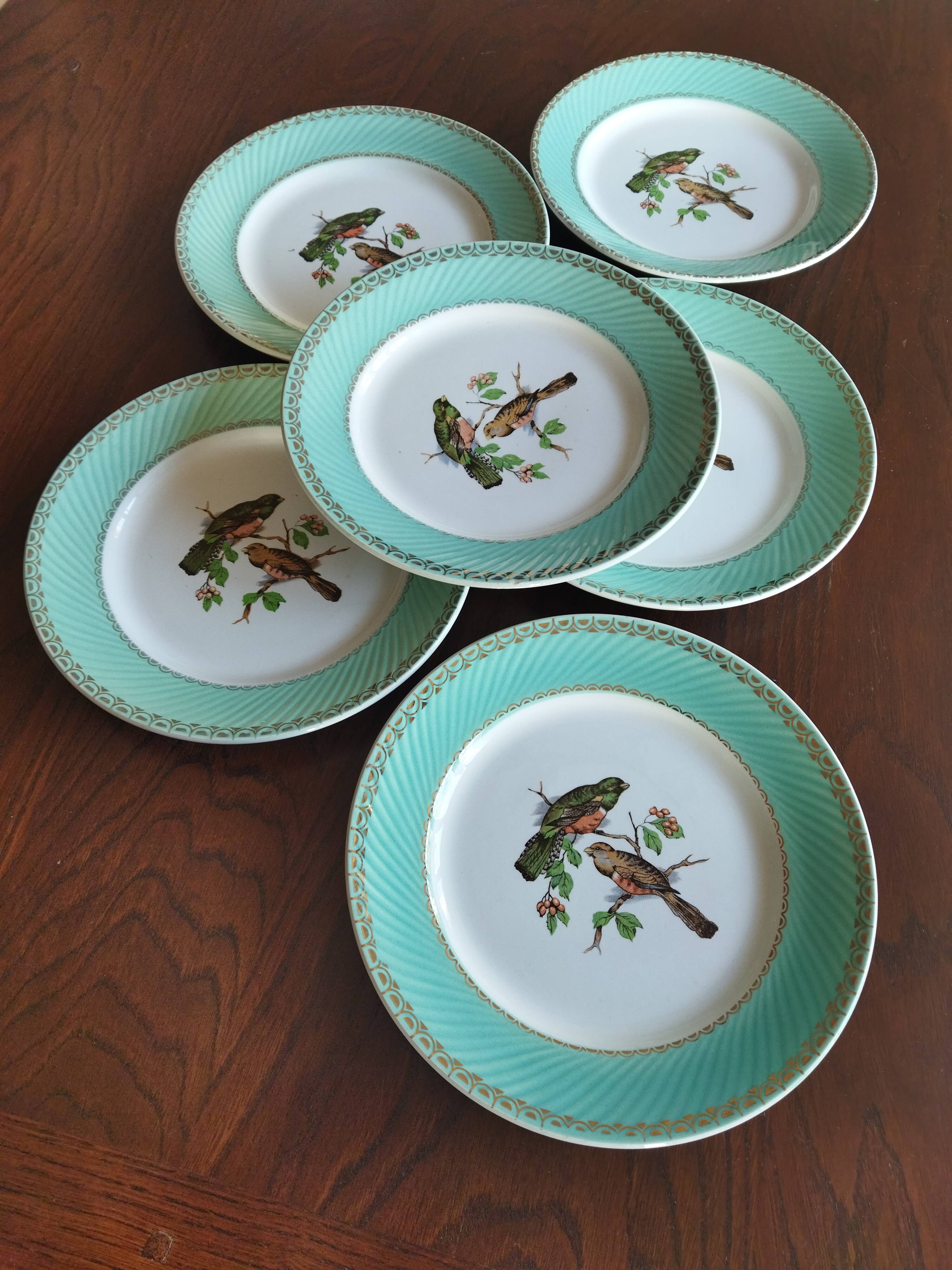 6 assiettes plates Fenal Badonviller "Oiseaux" vintage années 1950