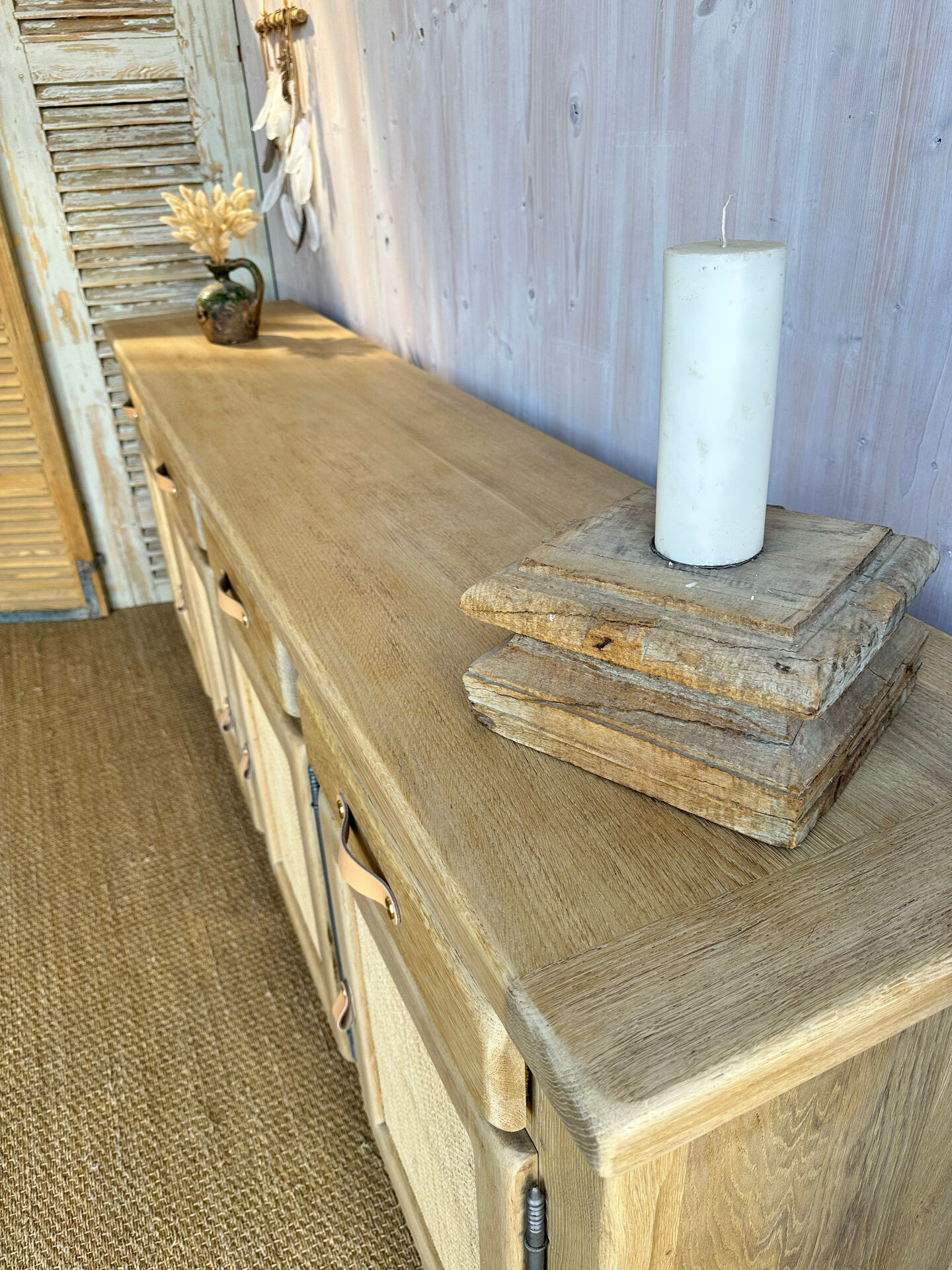 Grande enfilade buffet en chêne massif et cannage – 242 cm