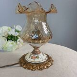 Baroque inspired table lamp, bronze, ceramic flowers and glass globe