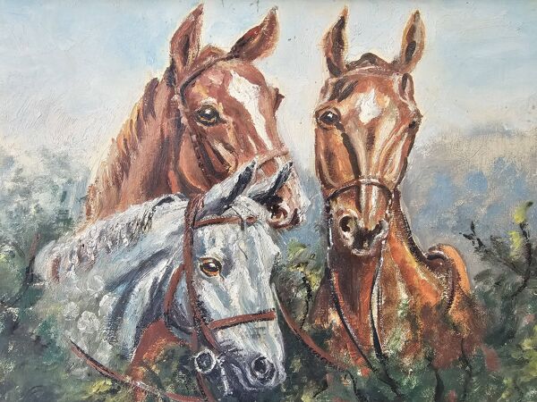 Tableau Huile sur Isorel - Chevaux Signé SL (Signature a identifier)