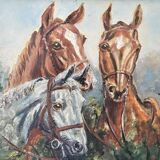 Oil painting on hardboard - Horses Signed SL (Signature to be identified)