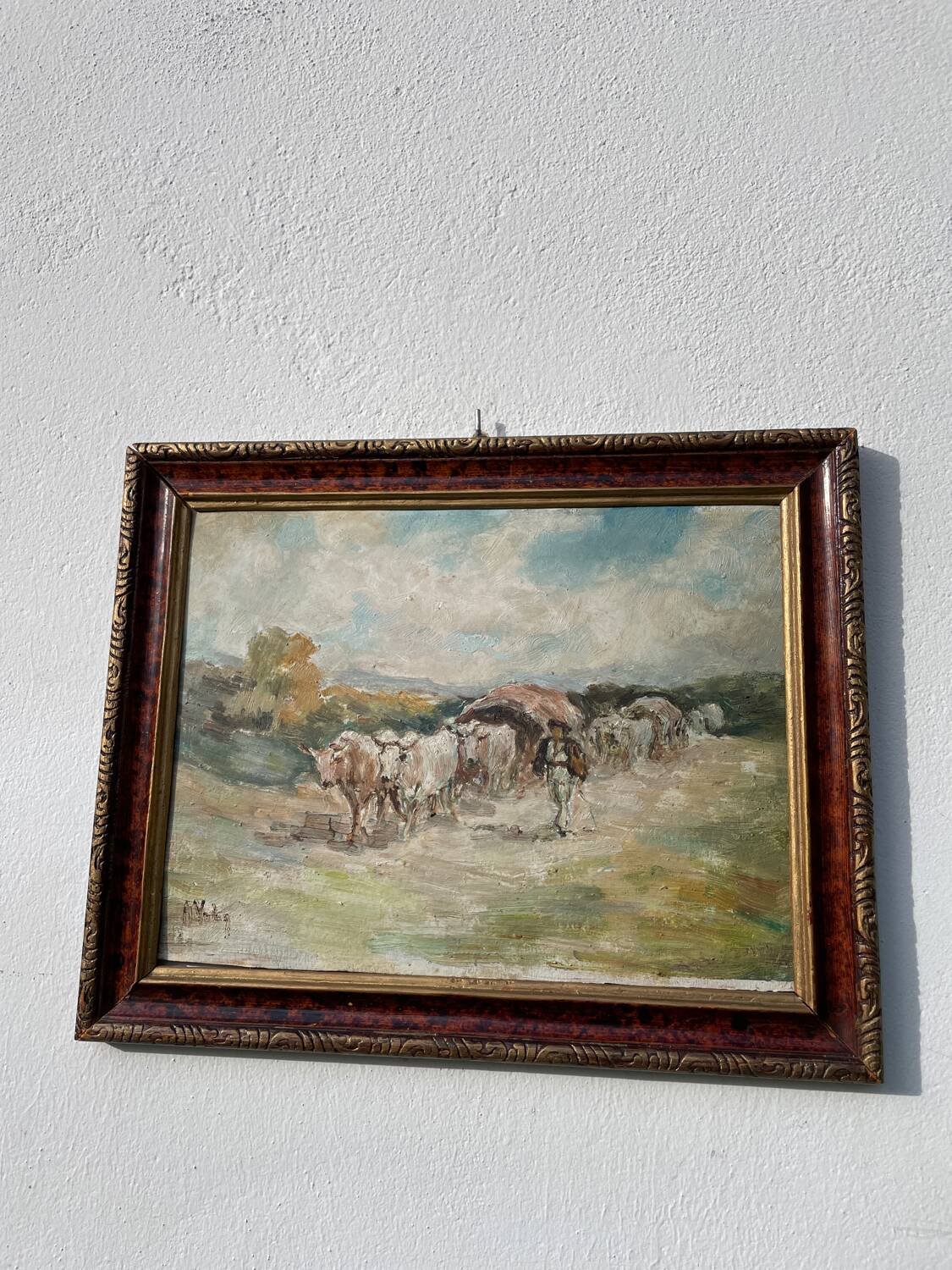Painting of a Basque shepherd and his cows / antique oil painting