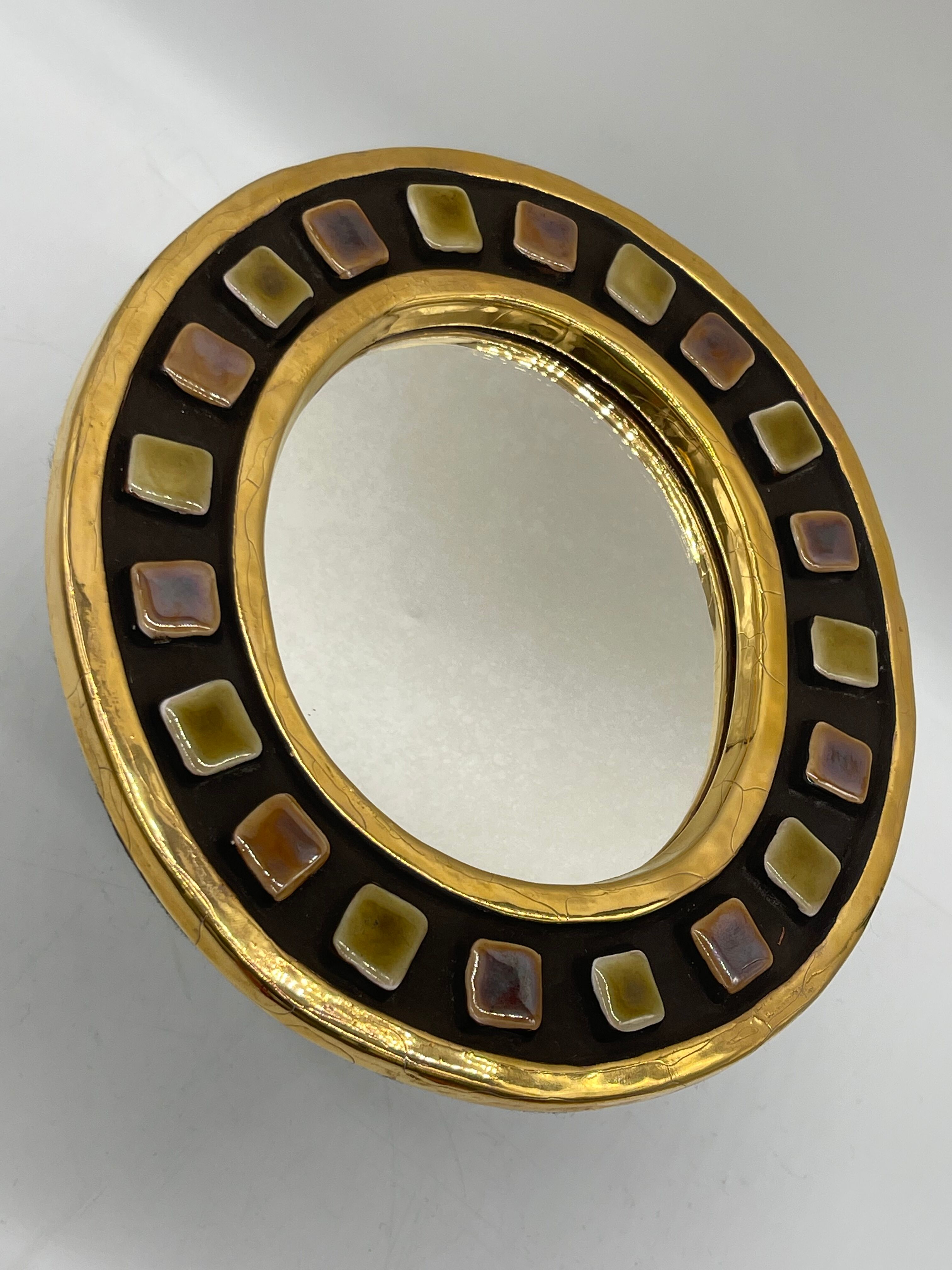 Golden ceramic mirror by Mithé Espelt 1960 24cm
