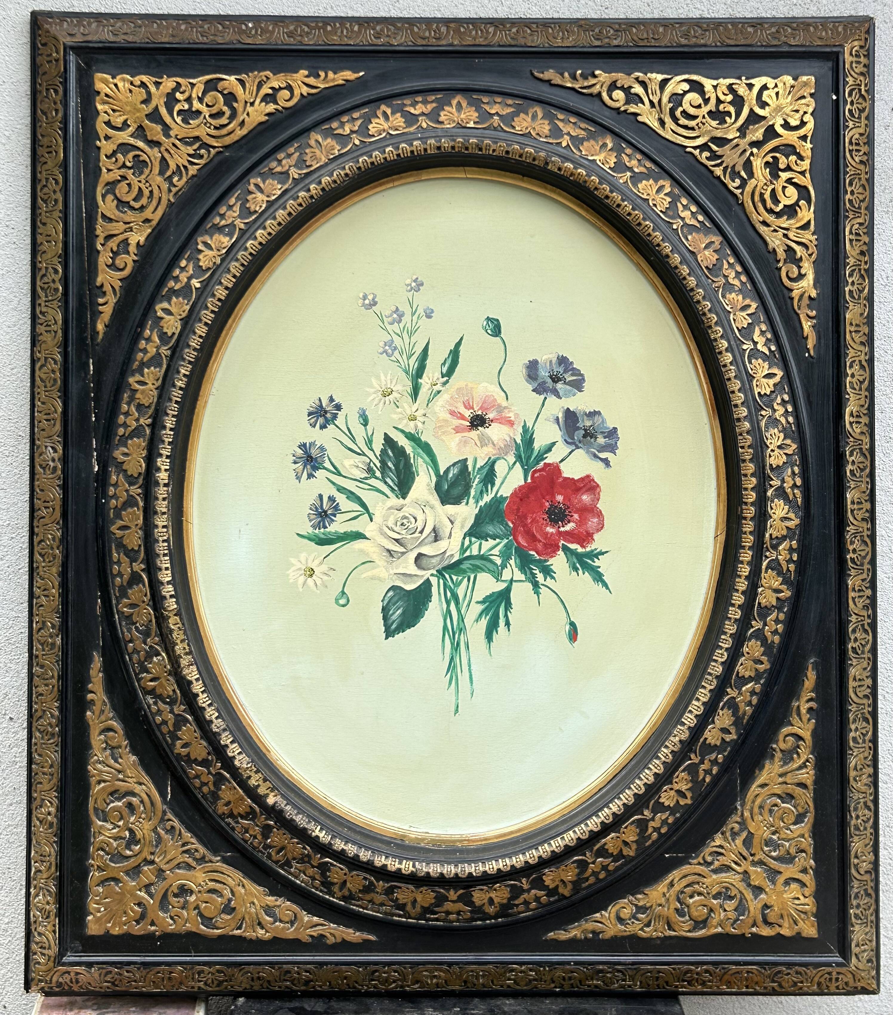 Painting of a bouquet of flowers on a panel in a medallion frame, Napoleon