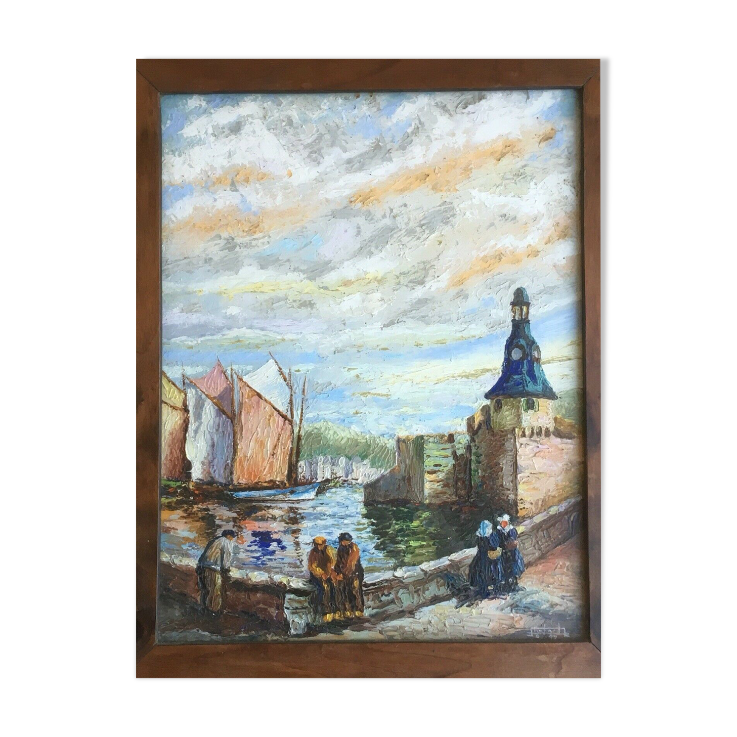 Painting Oil on Isorel Signed Landscape Breton Brittany Port Boat Character XX ème
