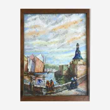 Peinture huile sur isorel signée paysage breton Bretagne port bateau personnage xx ème