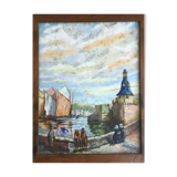 Painting Oil on Isorel Signed Landscape Breton Brittany Port Boat Character XX ème