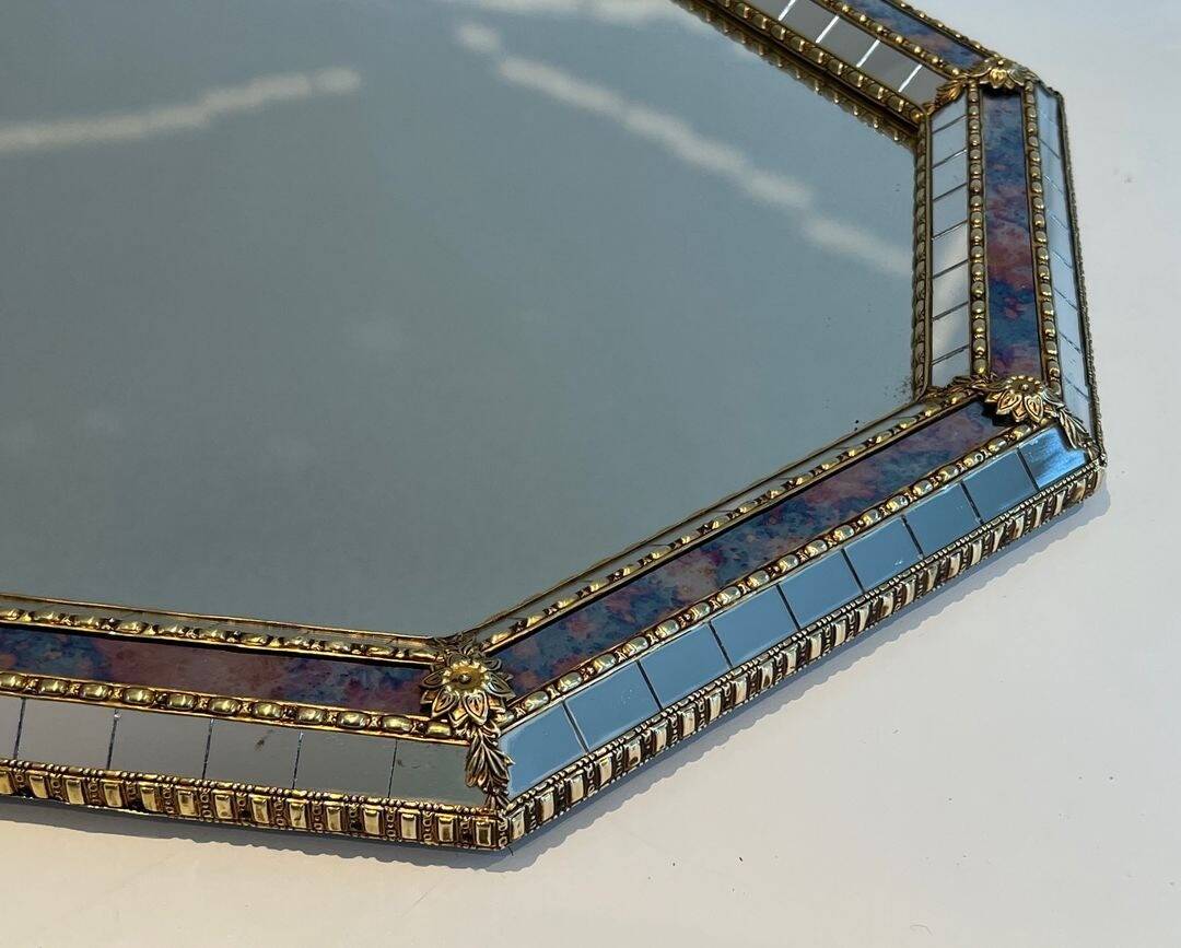 Octagonal Faceted Mirror with Brass Garlands — French Work, Glass
