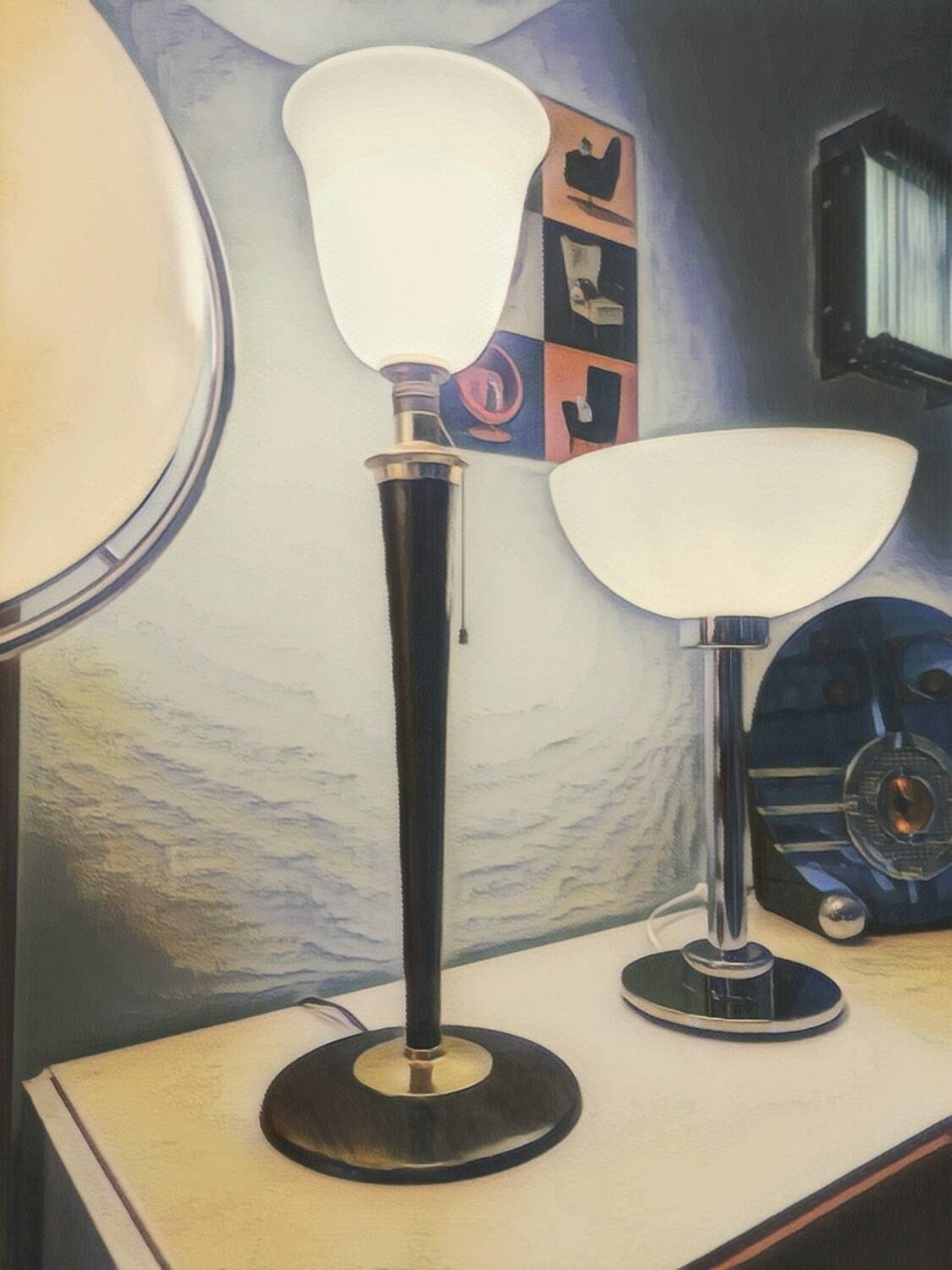 Large MAZDA 1950 Lamp Opaline Tulip/wood/metal