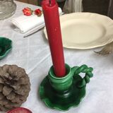 Old candleholder, glazed terracotta cellar, artisanal green color