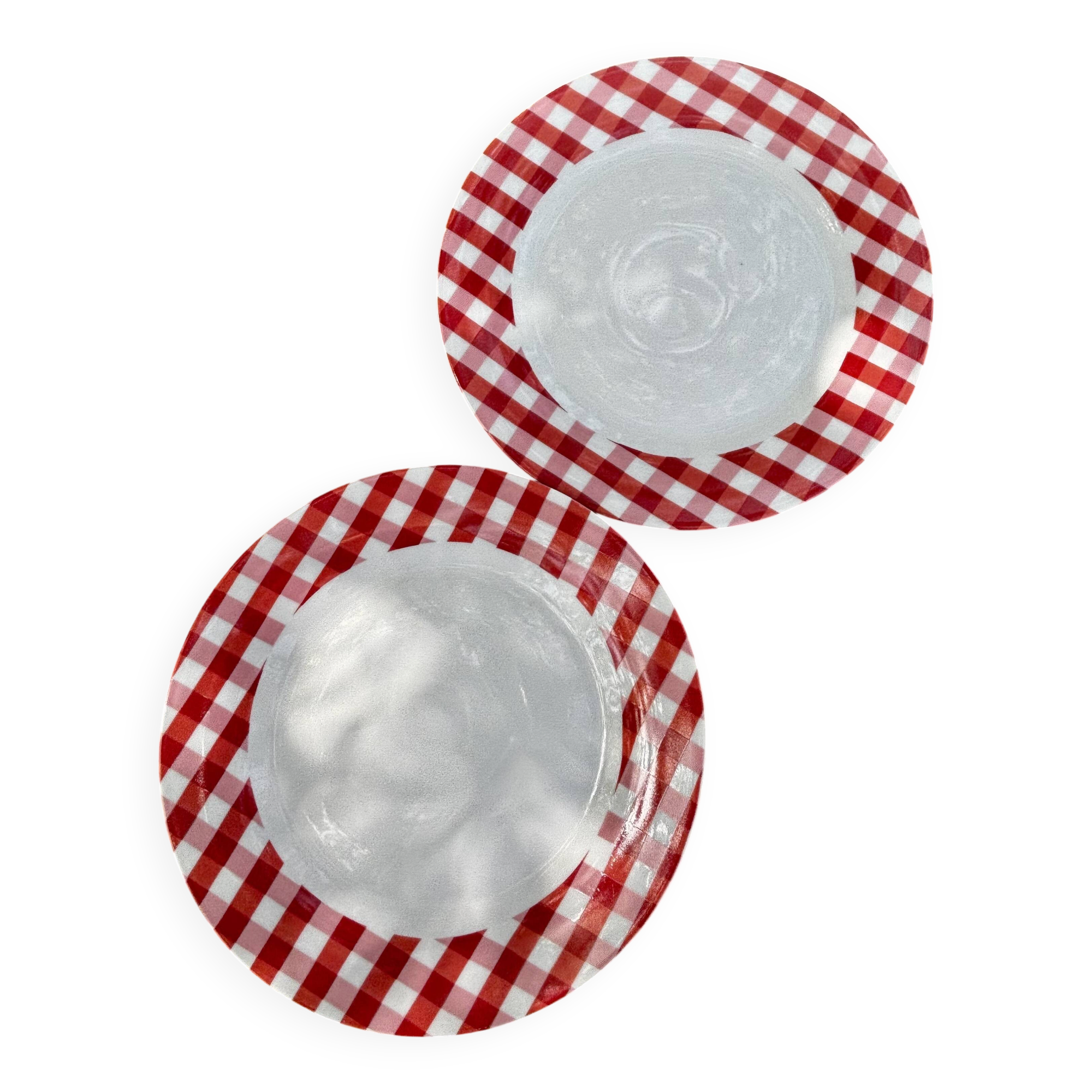 Set of two red checkered porcelain dessert plates by Barbier.