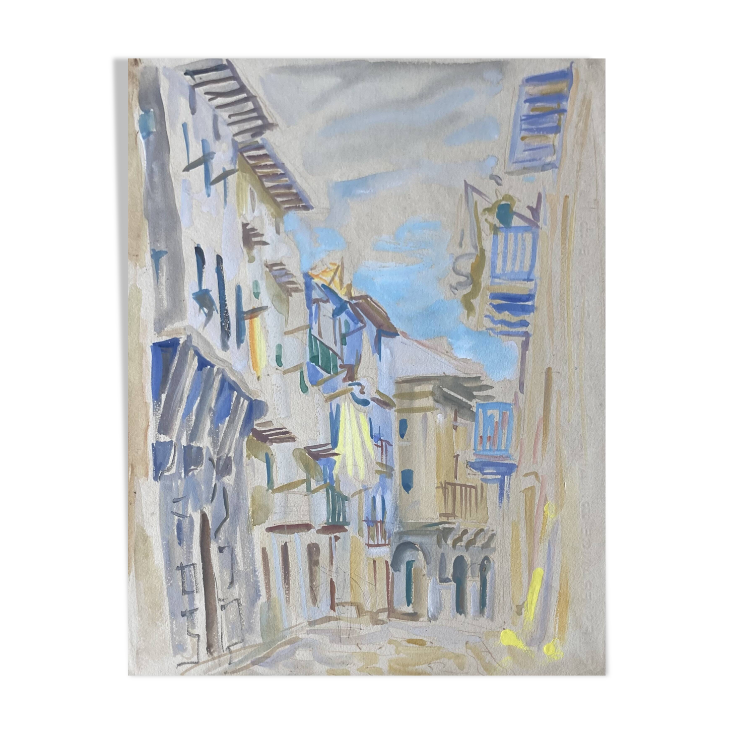 Gouache depicting a southern urban landscape with an arcaded street