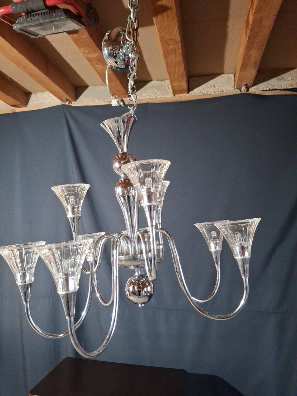 Chandelier from the 1930s to 1950s in chrome metal and thick glass.
