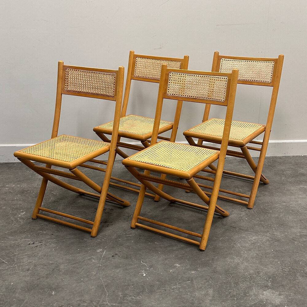 Rare set of four Belgian folding chairs in solid wood and hand-woven cane, mid-century