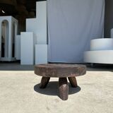 Small tripod stool low in dark brown upcycled teak