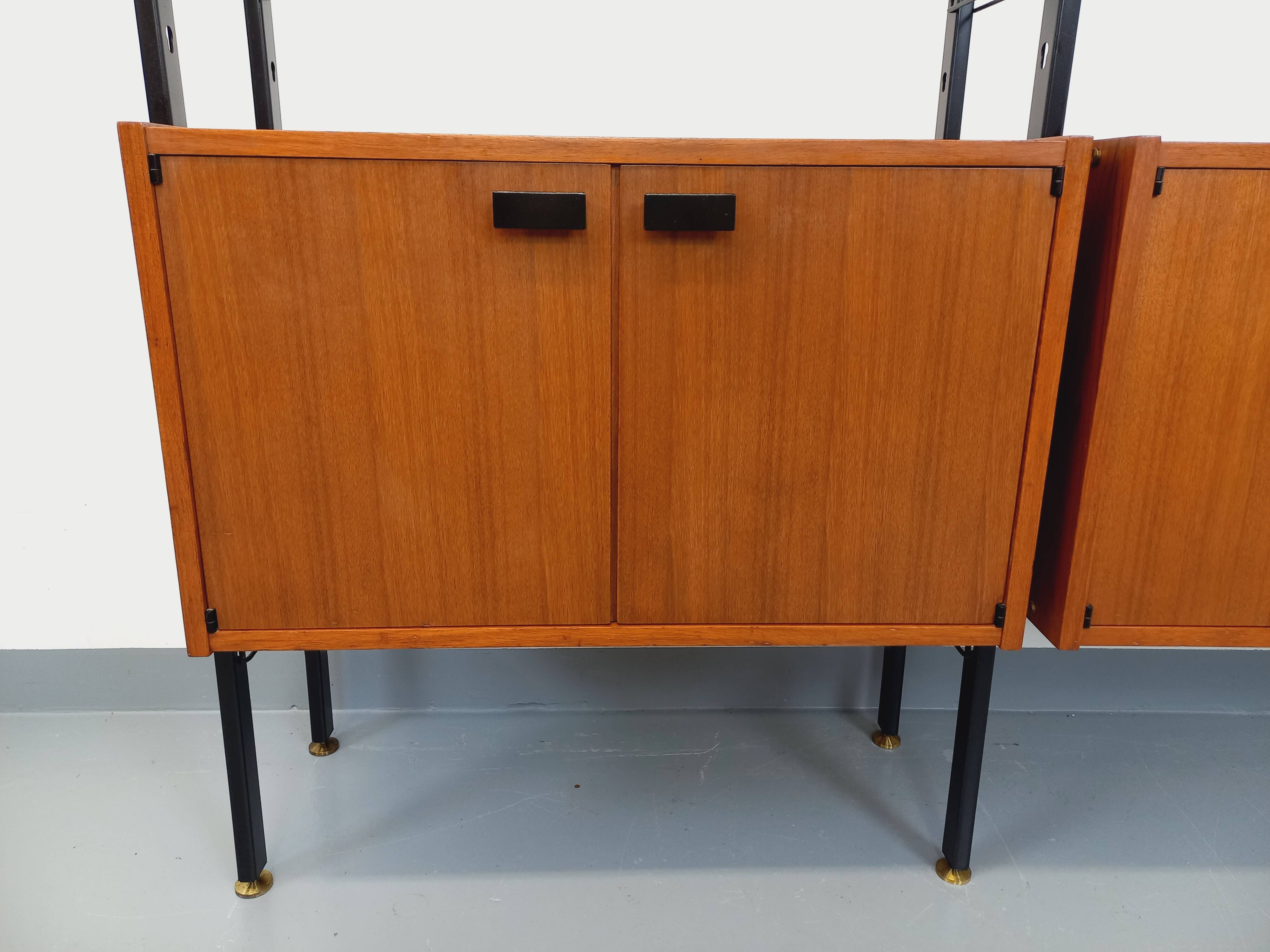 Vintage Italian double modular shelf bookcase in teak and metal