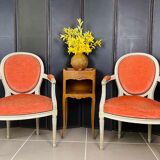 Pair of Louis XVI style medallion armchairs in orange velvet - circa 1950
