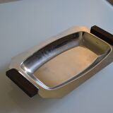 Art Deco serving dish in chrome metal with ebony handles.