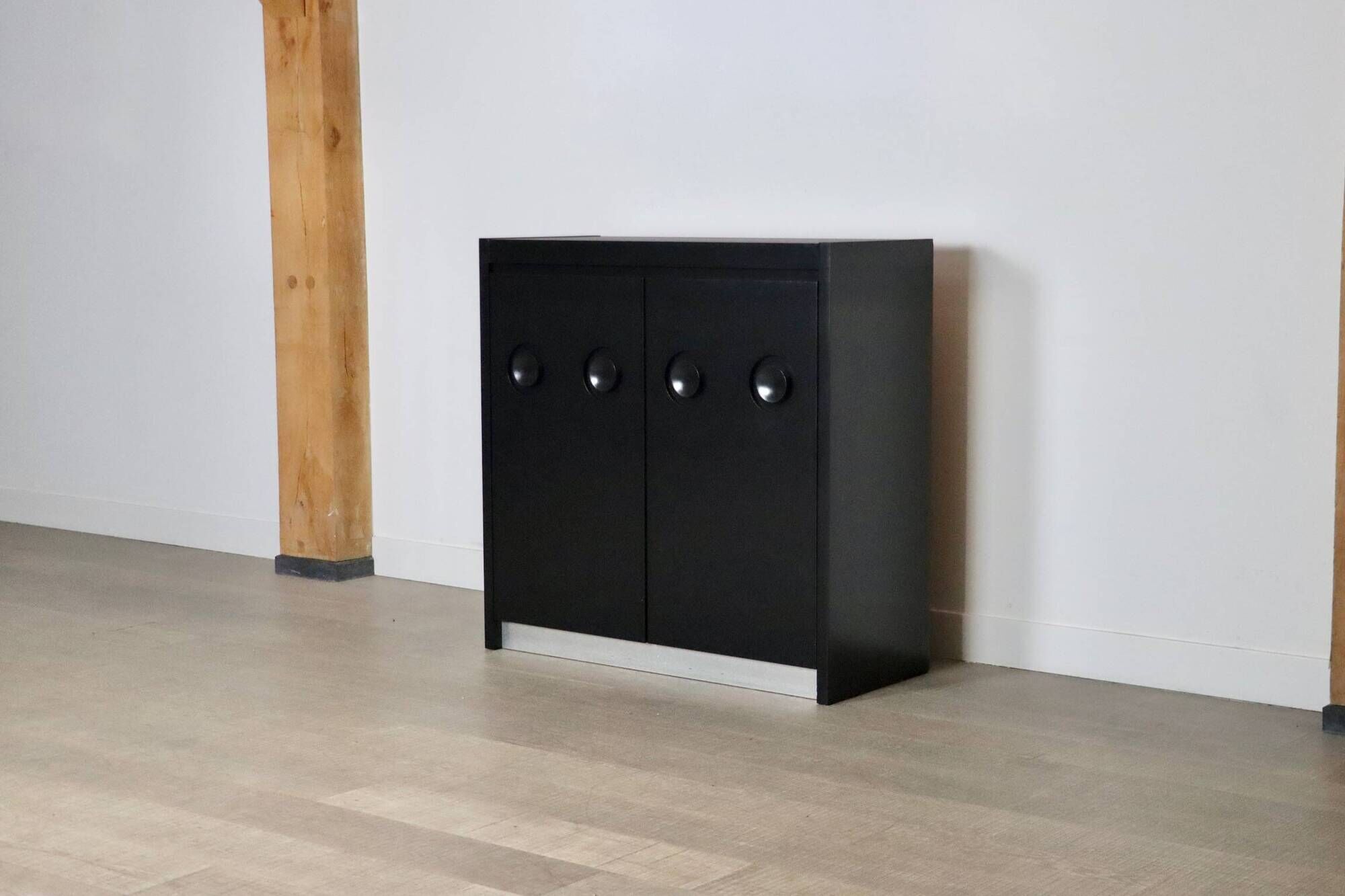 Midcentury Modern Brutalist Highboard Bar Cabinet In Black Lacquered Wood And Chrome, Belgium 1970s