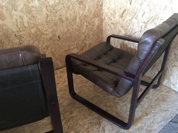 Paire de fauteuils vintage en bois courbé et assise suspendue circa 1970-80