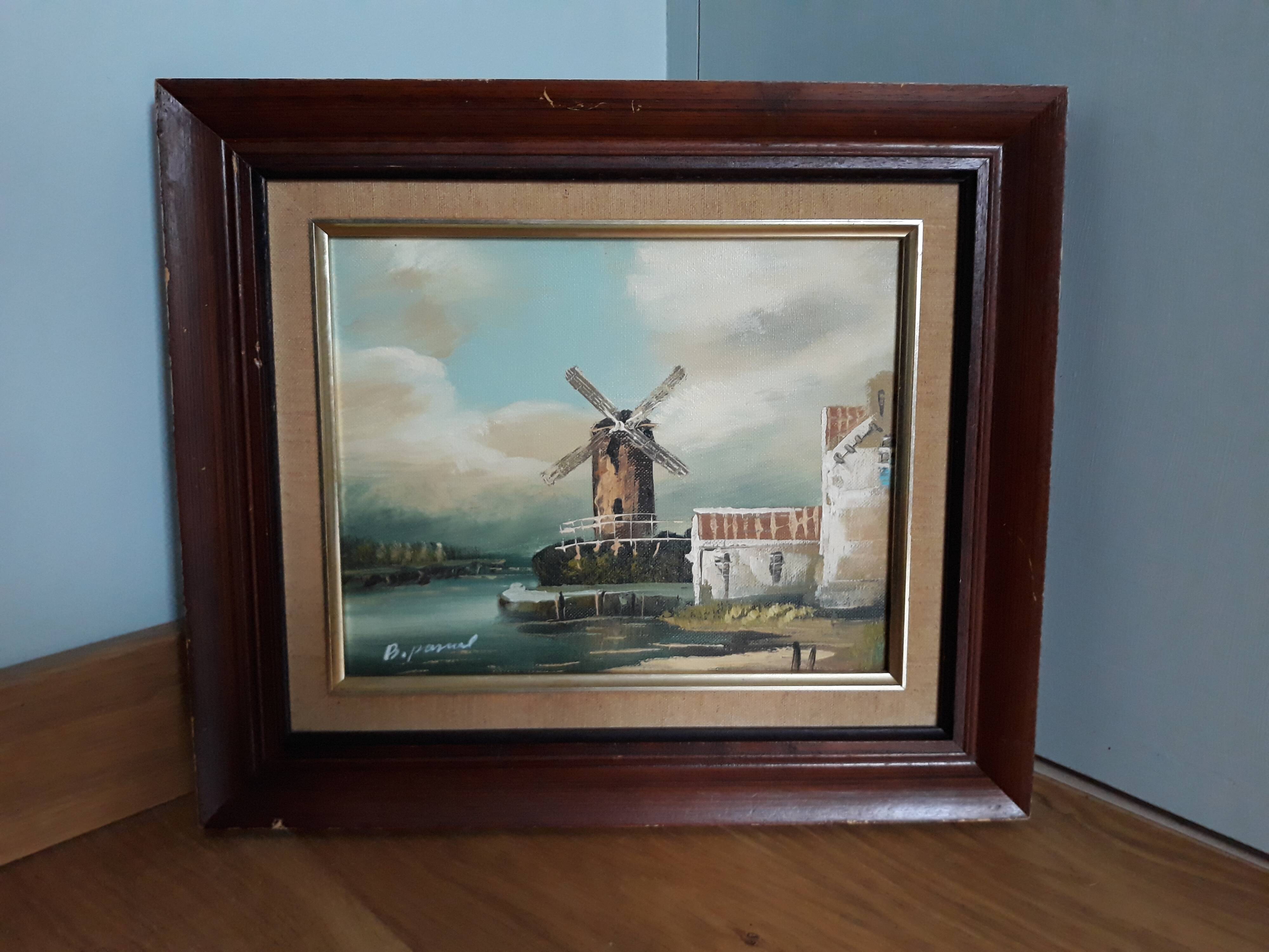 Landscape painting mill at the edge of the water, oil on canvas signed