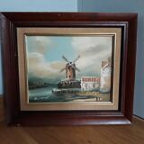 Landscape painting mill at the edge of the water, oil on canvas signed
