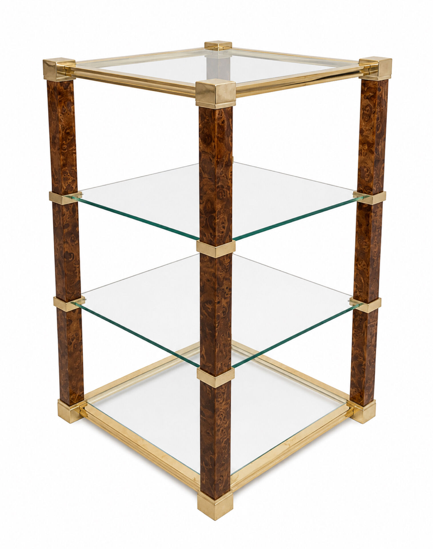 Hollywood Regency Set – Sideboard & coffee table in glass, brass & burl wood