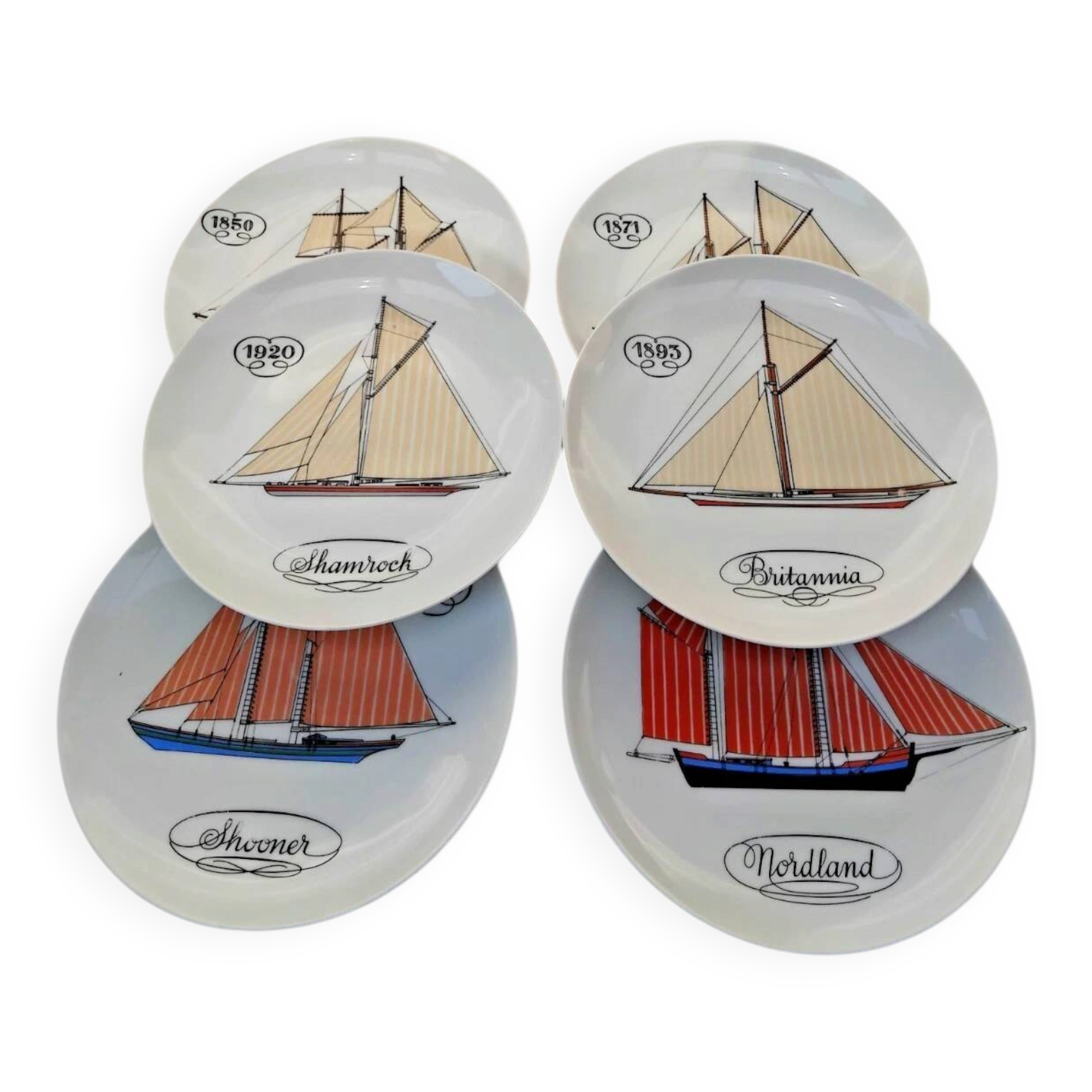 Auteuil Porcelain - Set of 6 Flat Plates - Nautical Theme