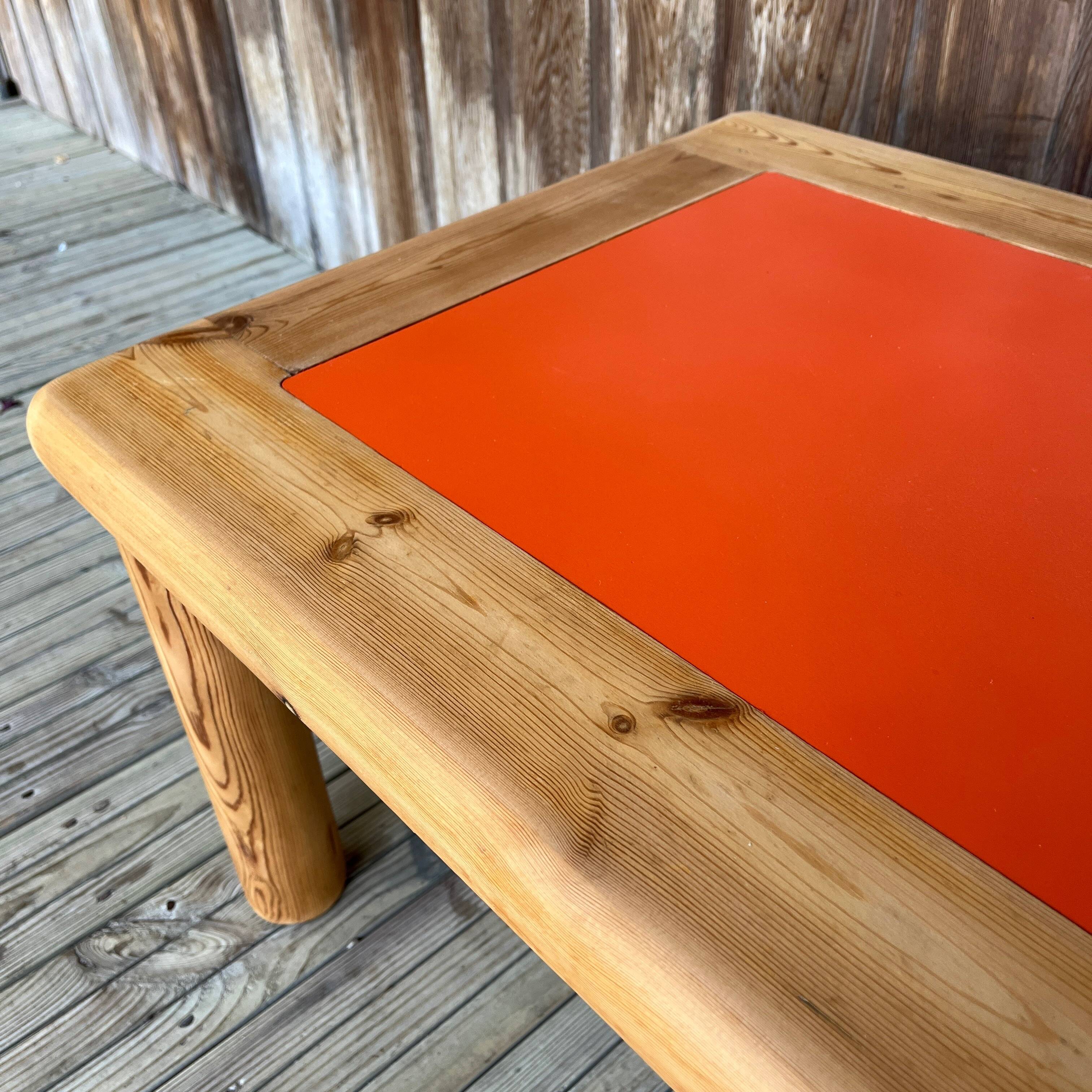 Modernist pine and orange lacquered coffee table, 1970s