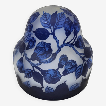Chapeau de lampe Gallé décor feuilles bleues