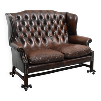 Late 20th Century English-Style Leather Sofa — Pearl Nail Trim & Loose Seat