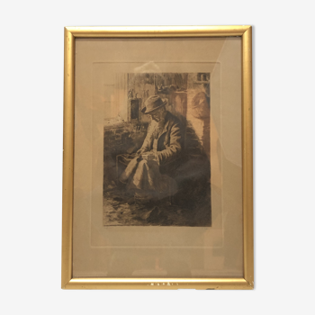 Men portrait antique copper etching print on paper titled "skoflikaren" by axel tallberg