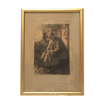 Portrait d’hommes gravure sur cuivre antique sur papier intitulée « skoflikaren » par axel tallberg