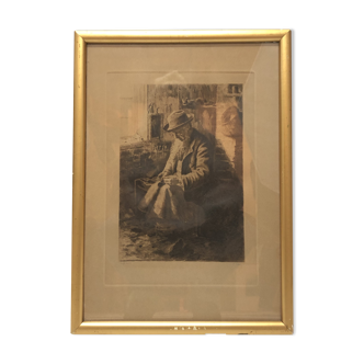 Men portrait antique copper etching print on paper titled "skoflikaren" by axel tallberg