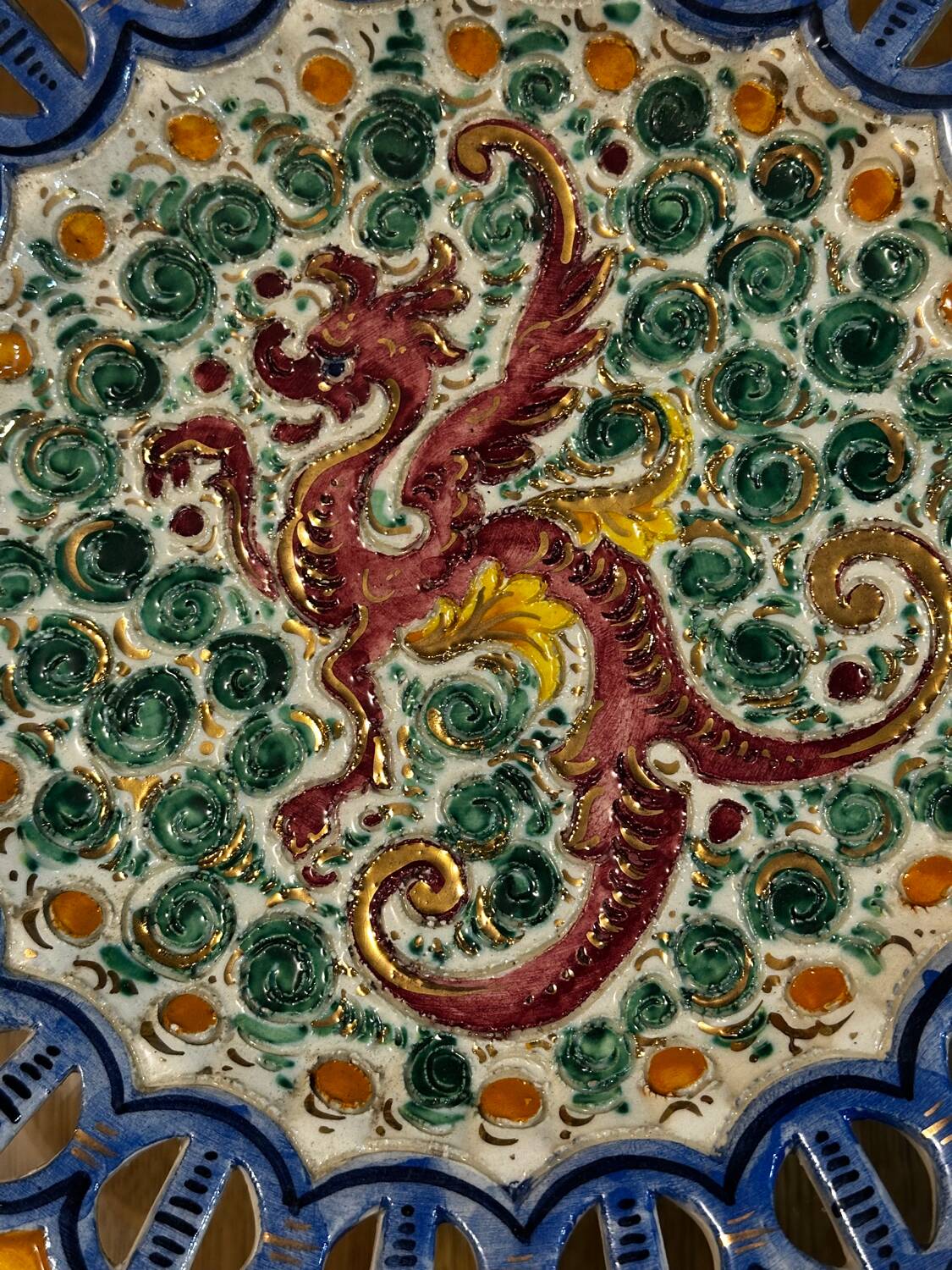 Plate / Ashtray in Massé Frères Earthenware - Relief Decoration of Dragon and F