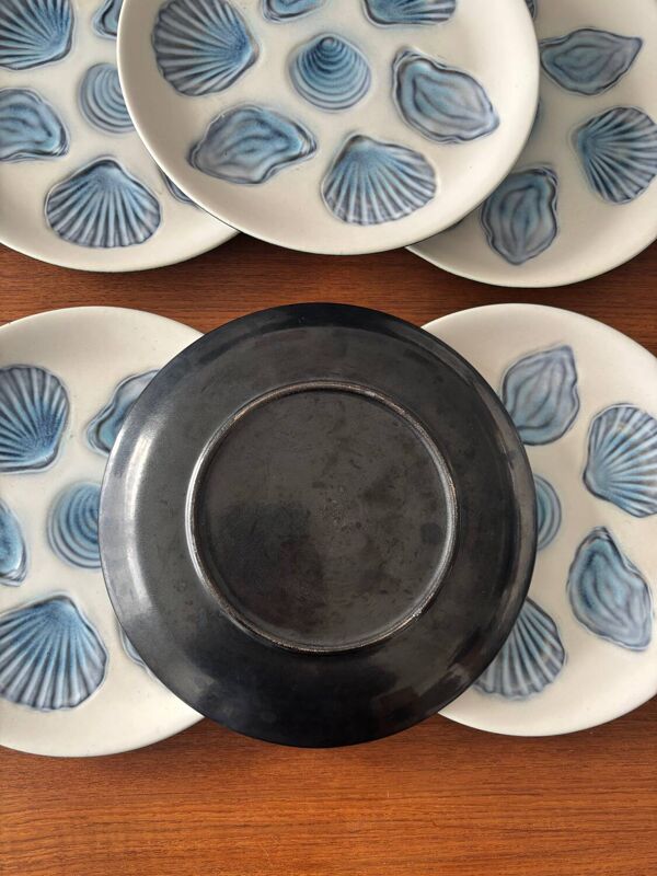 Lot d’assiettes à huîtres en céramique bleue – Assiettes coquillages r