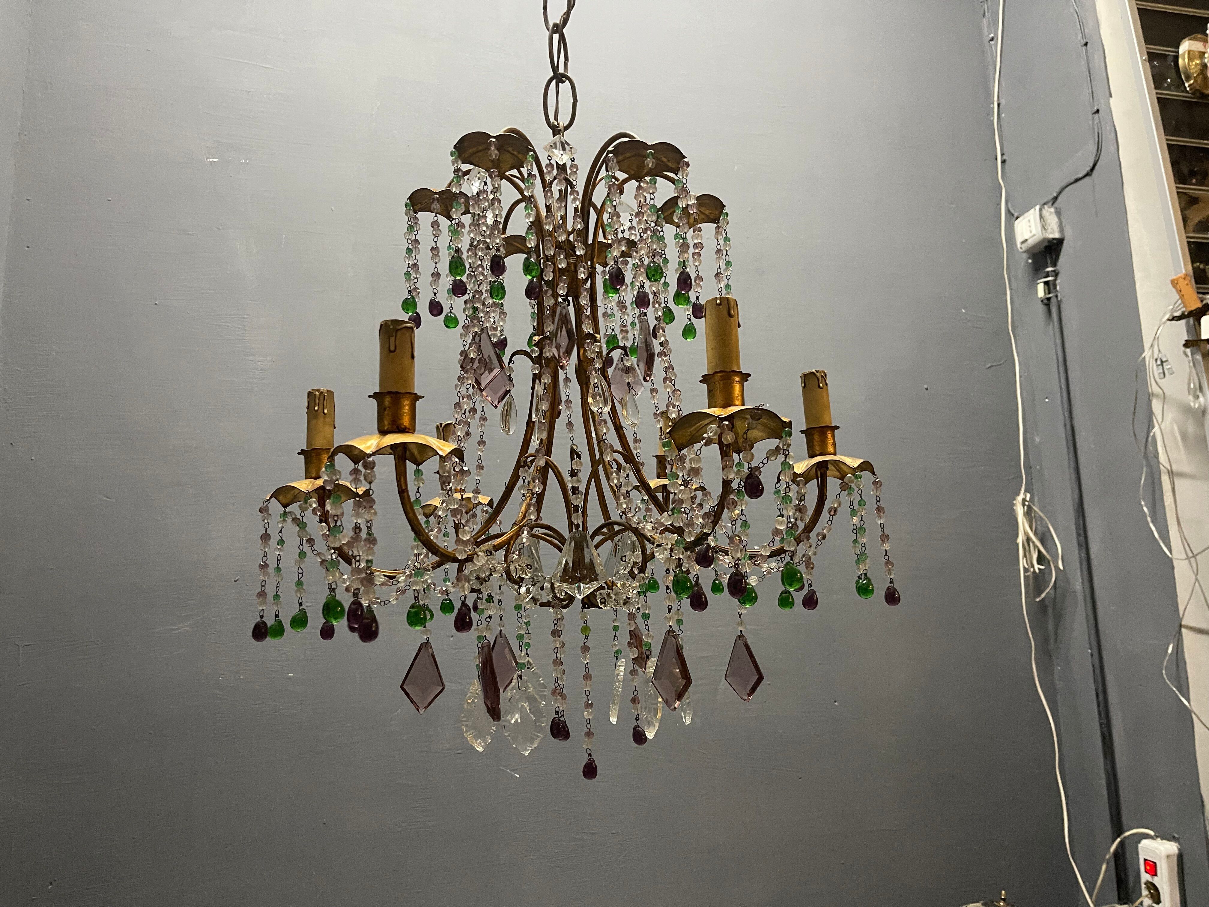 Chandelier en verre de Murano perlé doré en tole florentine italienne des années 1950 à 6 lumières
