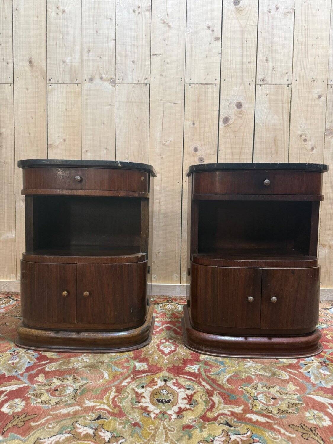 Pair of Art Deco bedside tables with marble.